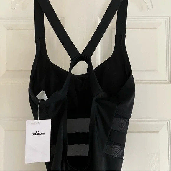 NIKE Mesh V-Back One Piece Swimsuit Black Large L NWT